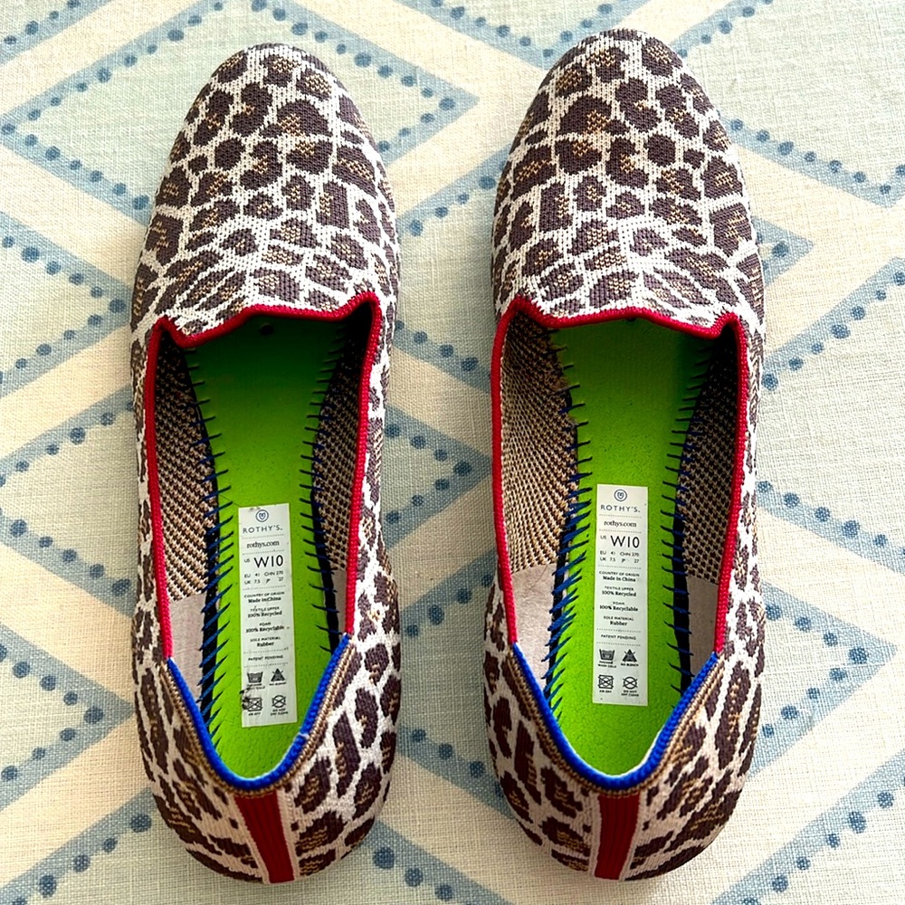 Rothy's Leopard Print Flats with Red and Blue Accents